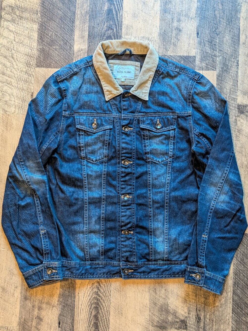 River Island Denim Jacket Medium Blue Jean Jacket Beige Corduroy Collar